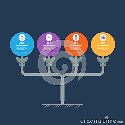 Horizontal infographics with 4 options, research in science and technology. Development and growth of the business. Tree or Vector Illustration