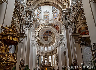 Horizontal interior view of the nave and asp of St. Stephen's Cathedral, a baroque Editorial Stock Photo