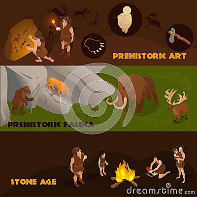 Primitive People Banners Set Vector Illustration