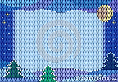 Horizontal knitted frame, background with winter night landscape. Vector Illustration