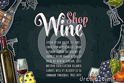 Horizontal label or poster. Wine Shop lettering. Vector vintage engraving Vector Illustration