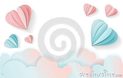 Horizontal Love card for Valentine`s day with free space for your text.3D flying pink and blue Paper heart and clouds. Romantic Stock Photo