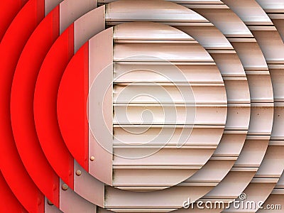 concentric circular patterns repeating design from grey shutters fixed to a red wall Stock Photo