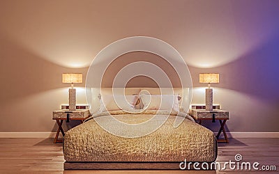 Horizontal mock up poster frame in modern interior background, luxury bed with clean bedding in modern bedroom, night scene, Cartoon Illustration