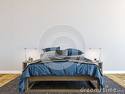 Horizontal mock up poster frame in modern interior background, luxury bed with clean blue bedding in modern bedroom Cartoon Illustration