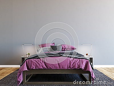 Horizontal mock up poster frame in modern interior background, luxury bed with clean purple bedding in modern bedroom Cartoon Illustration