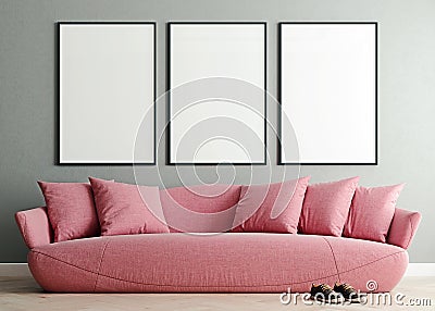 Horizontal mock up poster frame in modern interior background, millennial pink sofa in living room, Scandinavian style Cartoon Illustration