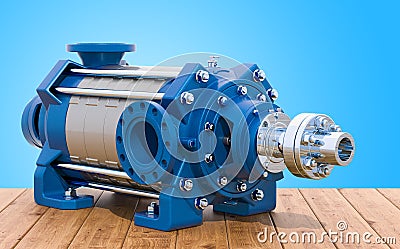 Horizontal multistage centrifugal pump on the wooden table, 3D r Stock Photo