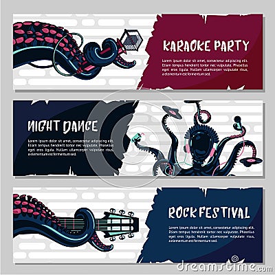 Horizontal music banners set with octopus. Vector Illustration