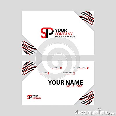Horizontal name card with decorative accents on the edge and bonus SP logo in black and red. Vector Illustration