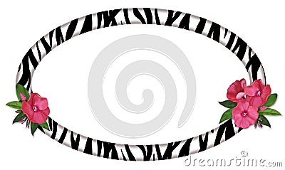 Horizontal oval frame made of zebra skin and delicate bouquets of pink flowers on the sides Stock Photo