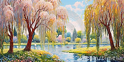 Horizontal painting of beautiful spring landscape with willow trees on the lake shore Stock Photo