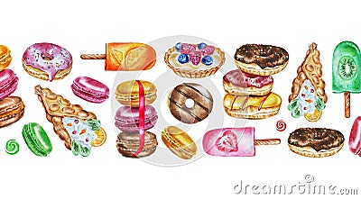 Horizontal pattern. Watercolor desserts. Illustration. Linear border. Template. Stock Photo