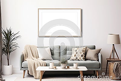 Horizontal picture frame with passe-partout mockup in home interior, blank copyspace, light tones, artwork mock-up. Generative AI Stock Photo