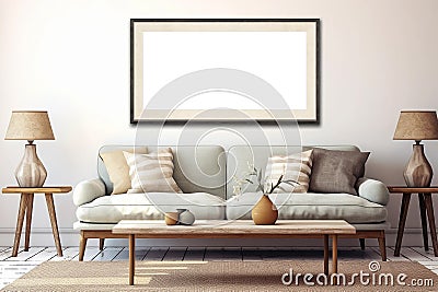 Horizontal picture frame with passe-partout mockup in living room interior, blank copyspace, light tones, artwork mock-up. Stock Photo