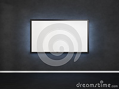 Horizontal picture hanging on dark concrete wall. Poster with a black frame. 3D rendering mockup of tv with a backlight. Stock Photo