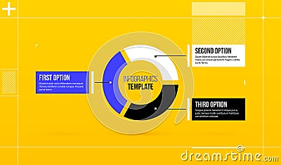 Horizontal pie infographics template with three segments in colorful hi-tech style Vector Illustration