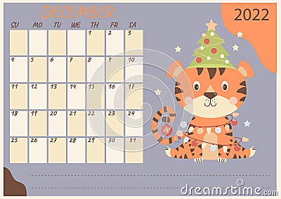 Planner calendar template for December 2022. Cute tiger with Christmas tree, toys and garlands. Year of the Tiger in Vector Illustration