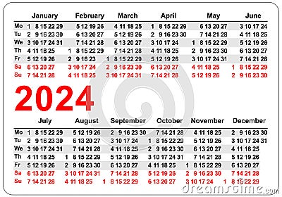 2024 horizontal pocket calendar grid template isolated on white vector Vector Illustration