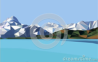 Horizontal polygon landscape.snow mountains and lake. Vector Illustration