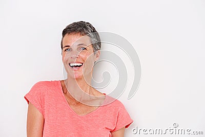 Horizontal portrait of happy older woman on white background Stock Photo