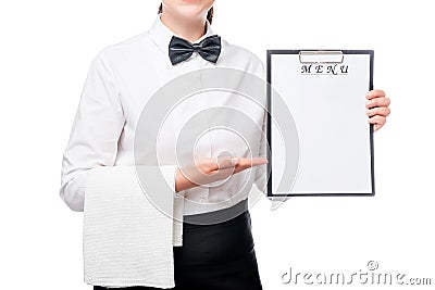 Horizontal portrait of a waitress with menu blank in hands Stock Photo