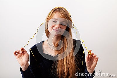 Headshot portrait of young european lady with red hair and freckles Stock Photo