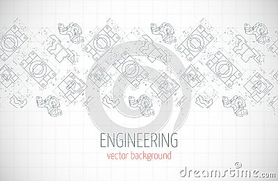 Horizontal poster, cover, banner, background of blue engineering drawings of parts. Notebook sheet. Vector Vector Illustration