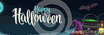 Horizontal poster with Happy Halloween calligraphy lettering and engraving Vector Illustration