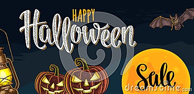 Horizontal poster with Happy Halloween lettering and engraving illustration Vector Illustration
