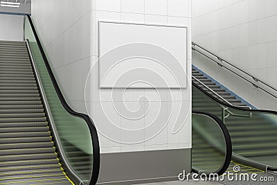 Horizontal poster mock up on the wall with escalator and stairs Stock Photo