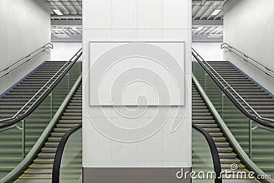 Horizontal poster mock up on the wall with escalator and stairs Stock Photo
