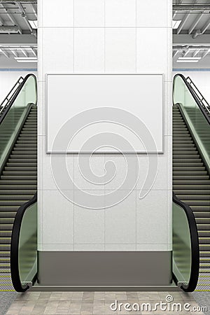 Horizontal poster mock up on the wall with escalator and stairs Stock Photo