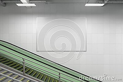 Horizontal poster mock up on the wall with escalator and stairs Stock Photo