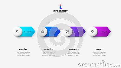 Horizontal progress diagram with 4 circles and arrows. Concept of four steps of business timeline. Creative infographic Vector Illustration