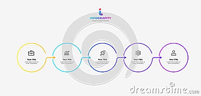Horizontal progress diagram with five outline elements. Concept of 5 steps of business timeline. Creative infographic Vector Illustration