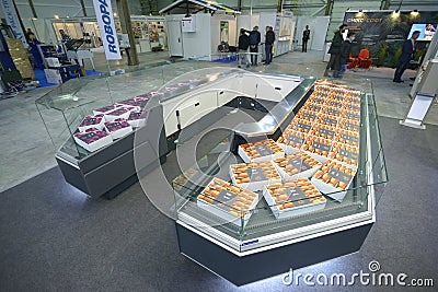 Horizontal refrigerator cabinet for malls presented, empty. Trade and Industry exhibition Editorial Stock Photo