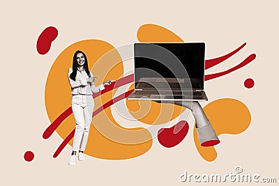 Horizontal retro creative photo collage of young attractive happy woman showing pointing at big hand holding laptop Stock Photo