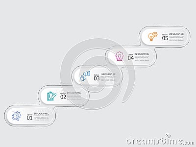 horizontal round ellipse steps timeline infographic element report background with business line icon 5 steps for any business- Vector Illustration