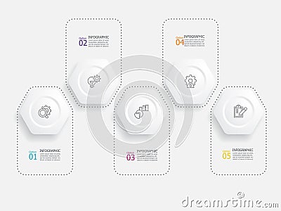 horizontal round hexagon steps timeline infographic element report background with business line icon 5 steps Vector Illustration