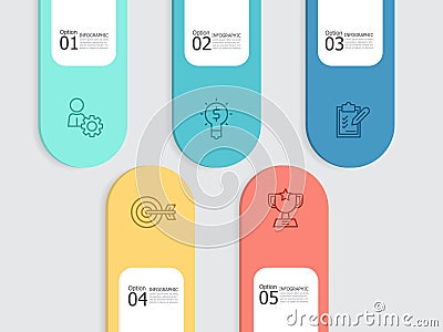 horizontal round square steps timeline infographic element report background with business line icon 5 steps Vector Illustration