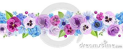 Horizontal seamless background with blue and purple flowers. Vector illustration. Vector Illustration