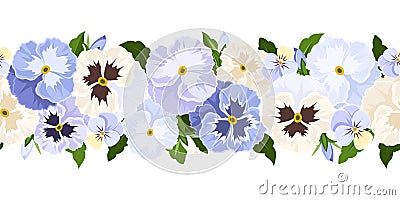 Horizontal seamless background with blue and white pansy flowers. Vector illustration. Vector Illustration