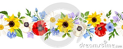 Horizontal seamless background with colorful flowers. Vector illustration. Vector Illustration