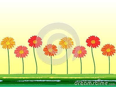 Horizontal seamless background with colorful gerbera flowers. Vector illustration. Vector Illustration