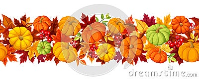 Horizontal seamless background with colorful pumpkins and autumn leaves. Vector illustration. Vector Illustration