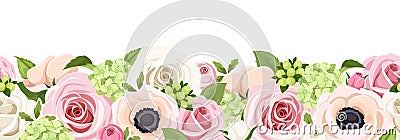 Horizontal seamless background with colorful roses, anemones and hydrangea flowers. Vector illustration. Vector Illustration