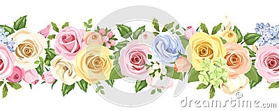 Horizontal seamless background with colorful roses and lisianthus flowers. Vector illustration. Vector Illustration