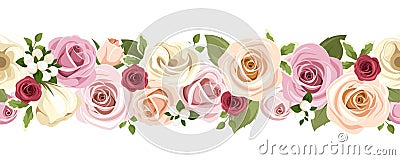 Horizontal seamless background with colorful roses and lisianthus flowers. Vector illustration. Vector Illustration