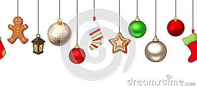 Horizontal seamless background with hanging Christmas decorations. Vector illustration. Vector Illustration